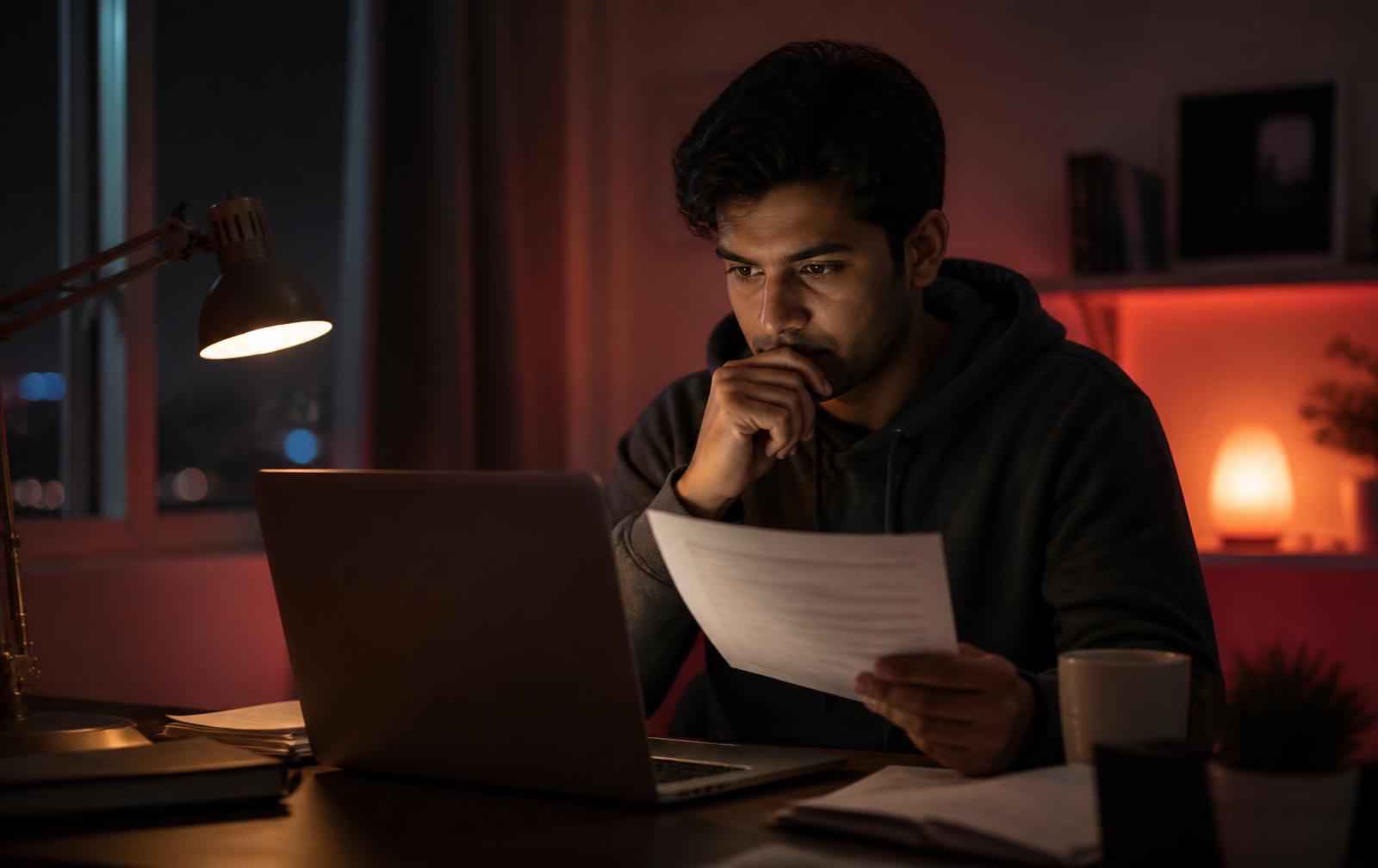 International graduate student reviewing enrollment and I-20 paperwork late at night on a laptop