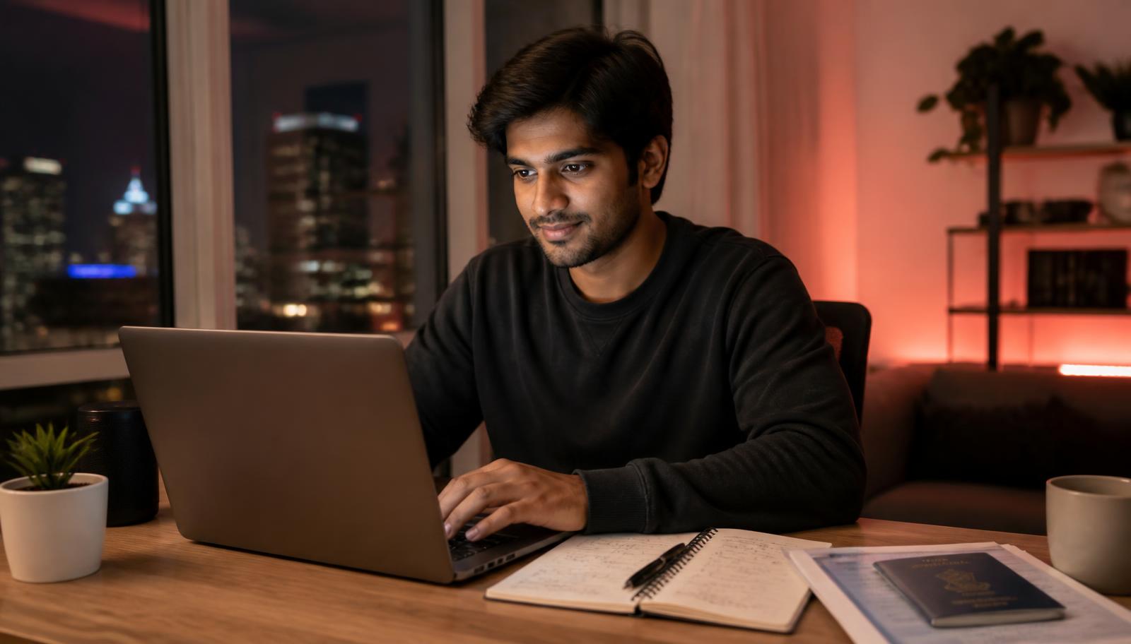 H-1B professional researching freelance and side income rules on a laptop at night