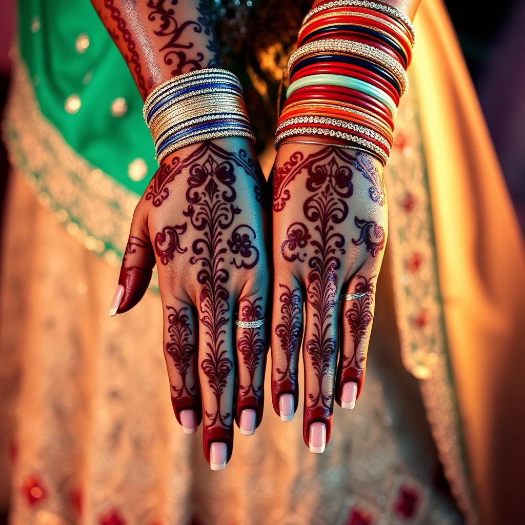 Indian mehndi artist applying henna at an Indian wedding abroad