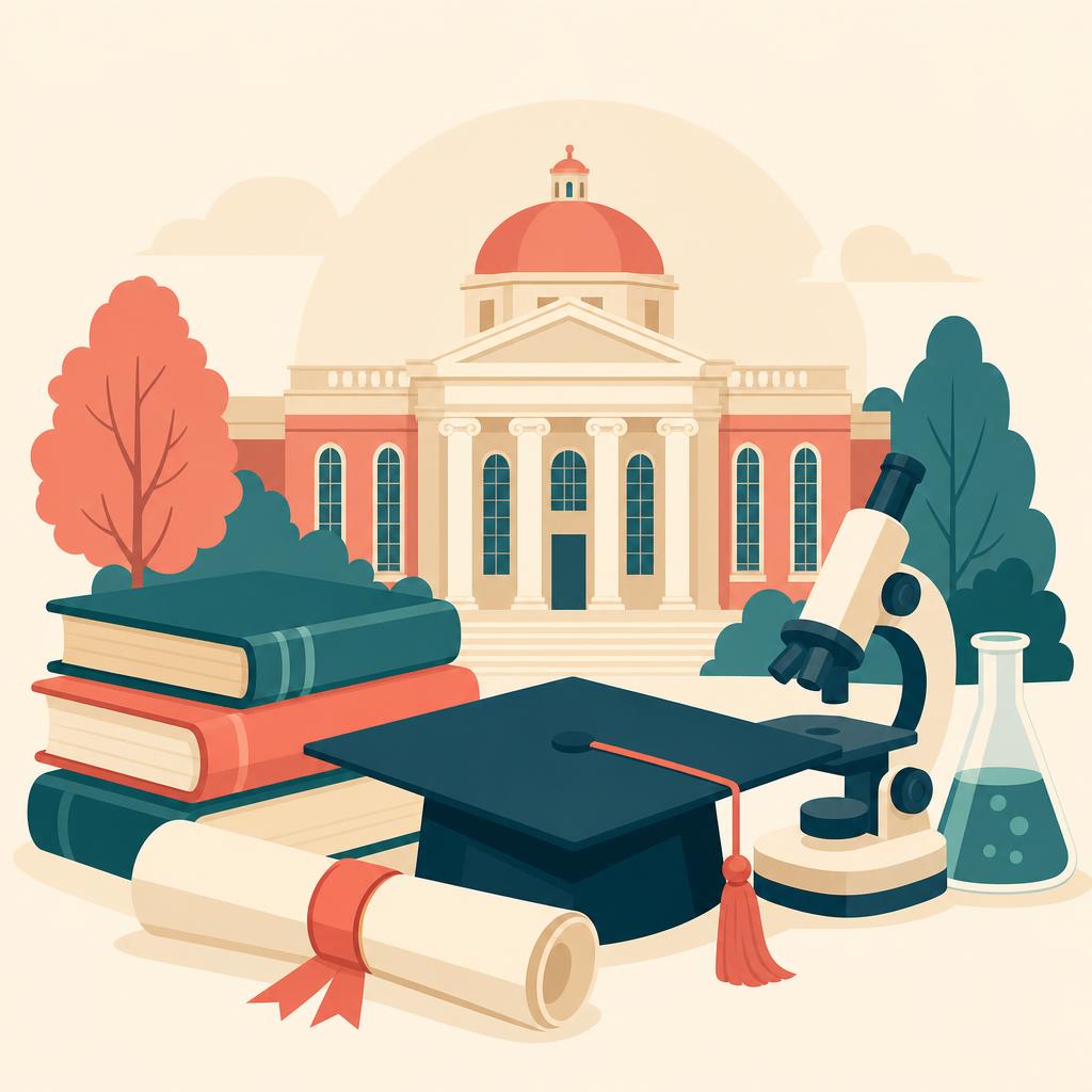 Graduation cap, diploma and university library illustrating a PhD in the USA after a master's degree