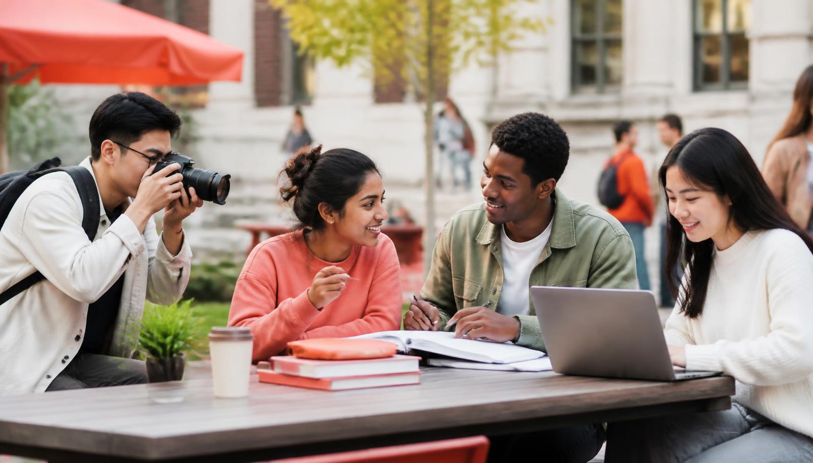 International students on campus working part-time side hustles including photography and tutoring