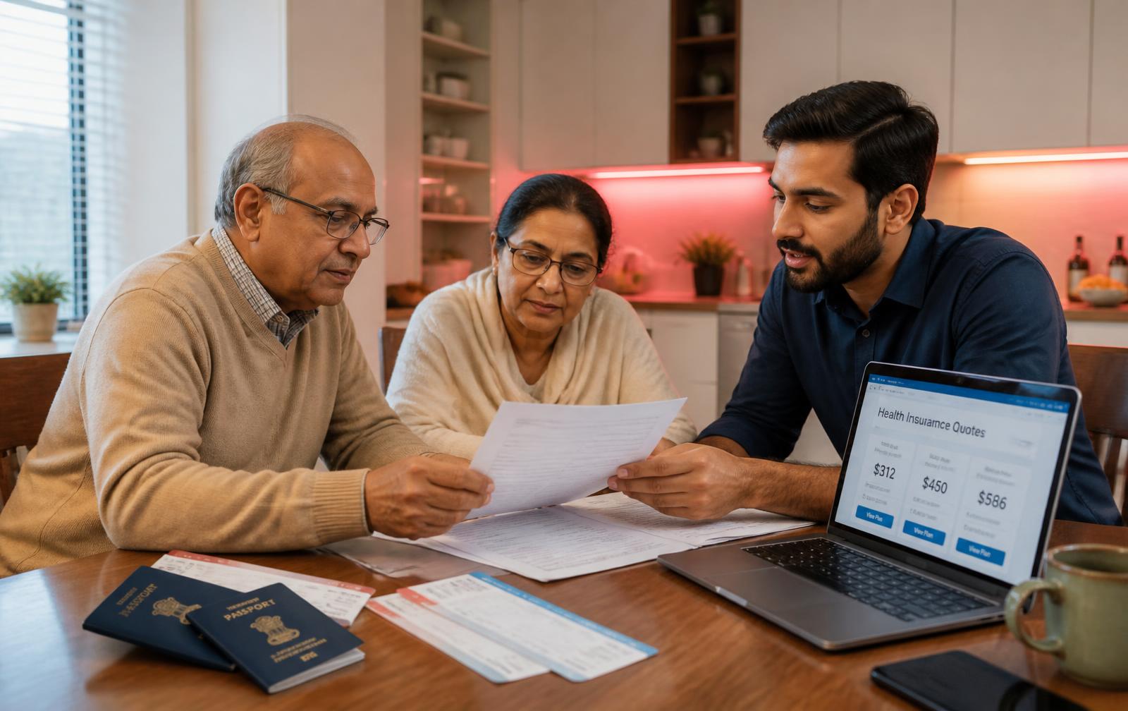 Indian parents and their son comparing US visitor health insurance quotes on a laptop at a kitchen table