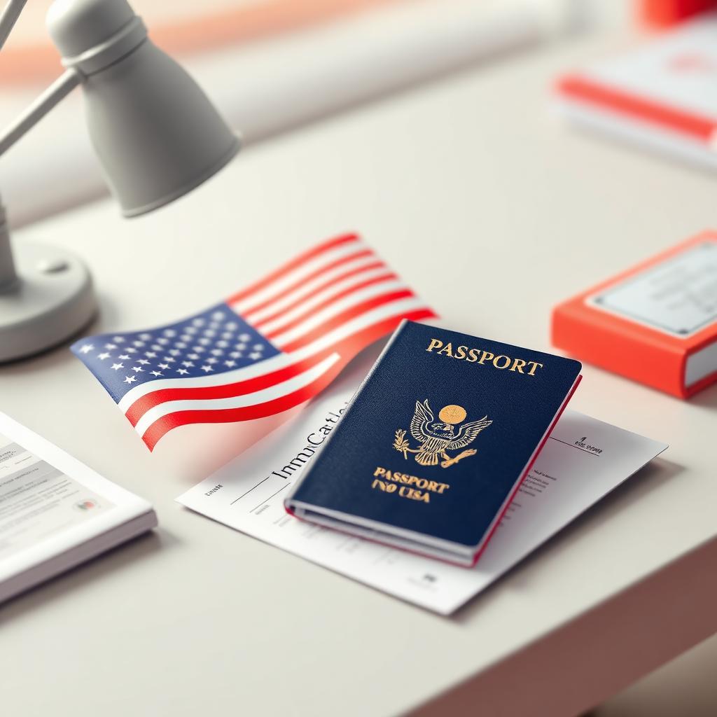 US passport, American flag and immigration paperwork representing US work visa types