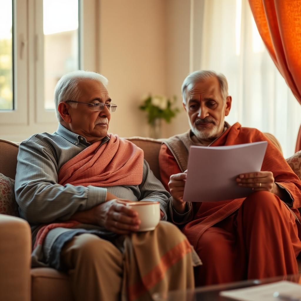 Elderly parents with travel documents and a health insurance policy before visiting family abroad