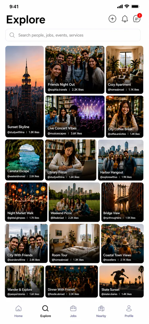 AbroadHub Explore screen with expat communities, creators and events
