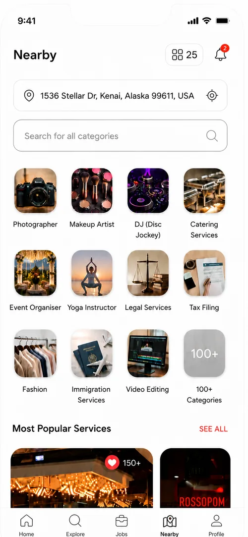 AbroadHub Nearby screen listing trusted local services for immigrants